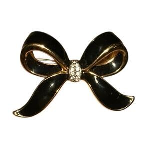 Swarovski Black Enamel Bow Brooch Gold Tone Crystal Center